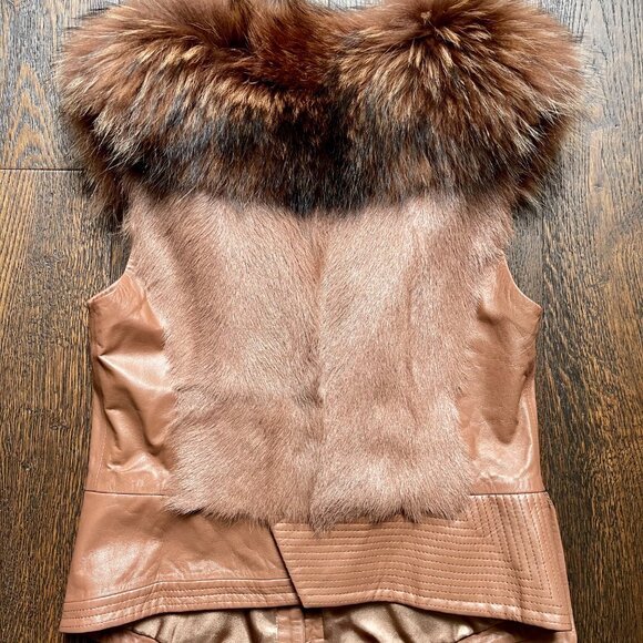 NWOT Tan Brown Leather Vest Real Fox Fur L size - Picture 10 of 16